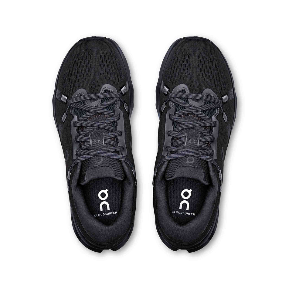 The uppers on a pair of On Women's Cloudsurfer 2 Running Shoes in the Black/Black colourway. (8577864007842)