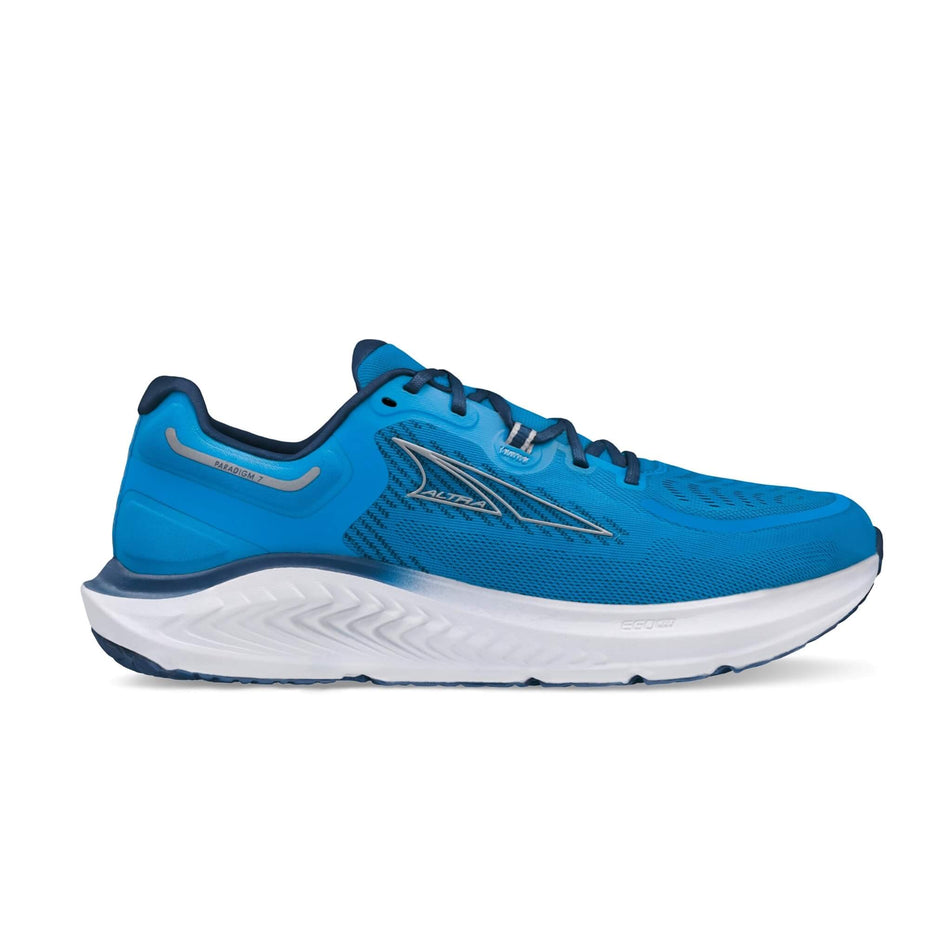 Lateral side of the right shoe from a pair of Altra Men's Paradigm 7 Running Shoes in the Blue/White colourway (8405503246498)