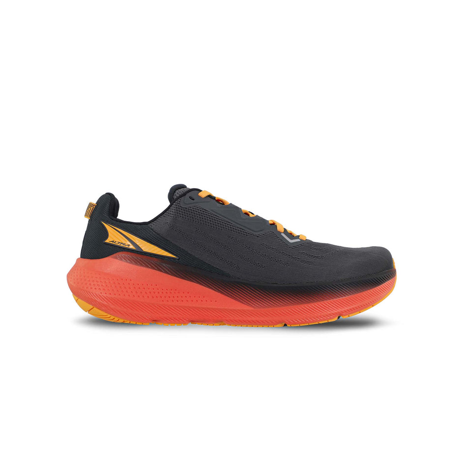 Lateral side of the right shoe from a pair of Altra Men's Fwd Via Road Running Shoes in the Black/Orange colourway. (8526882537634)