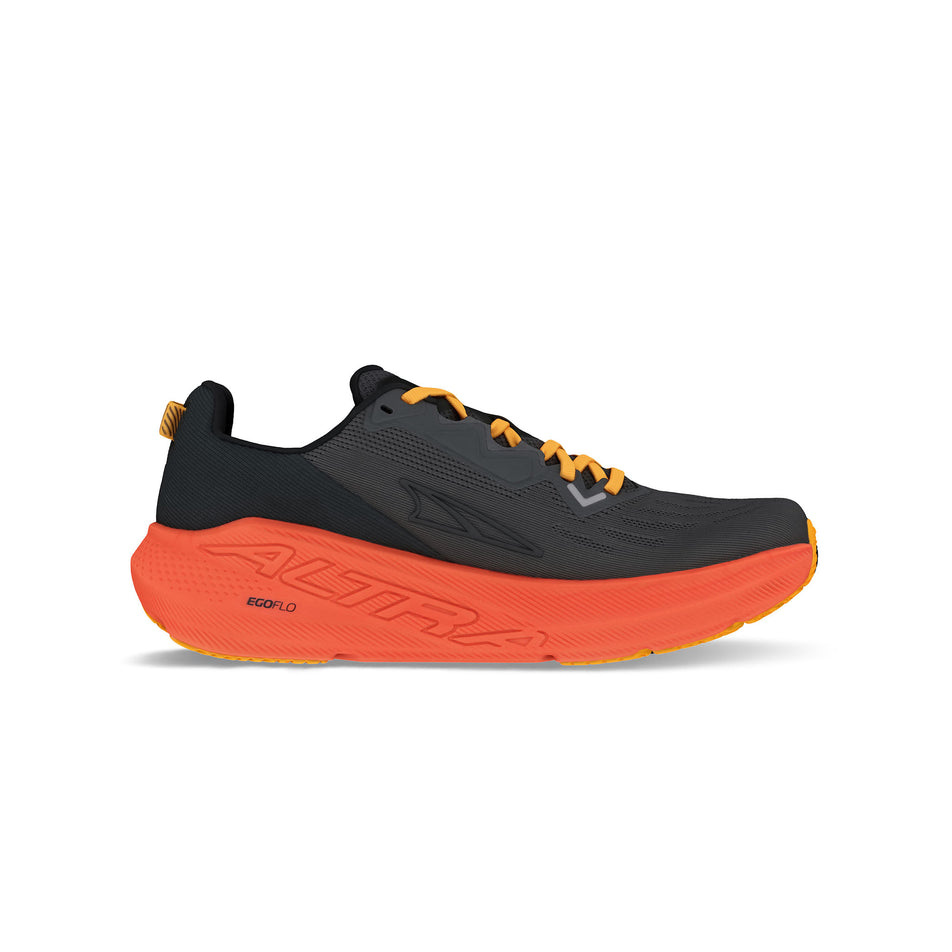 Medial side of the right shoe from a pair of Altra Men's Fwd Via Road Running Shoes in the Black/Orange colourway. (8526882537634)