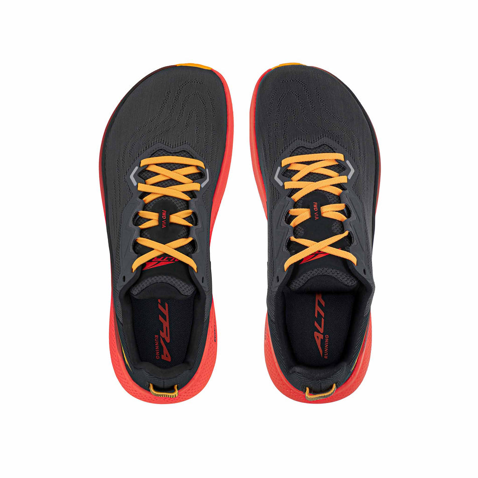 The uppers on a pair of Altra Men's Fwd Via Road Running Shoes in the Black/Orange colourway. (8526882537634)