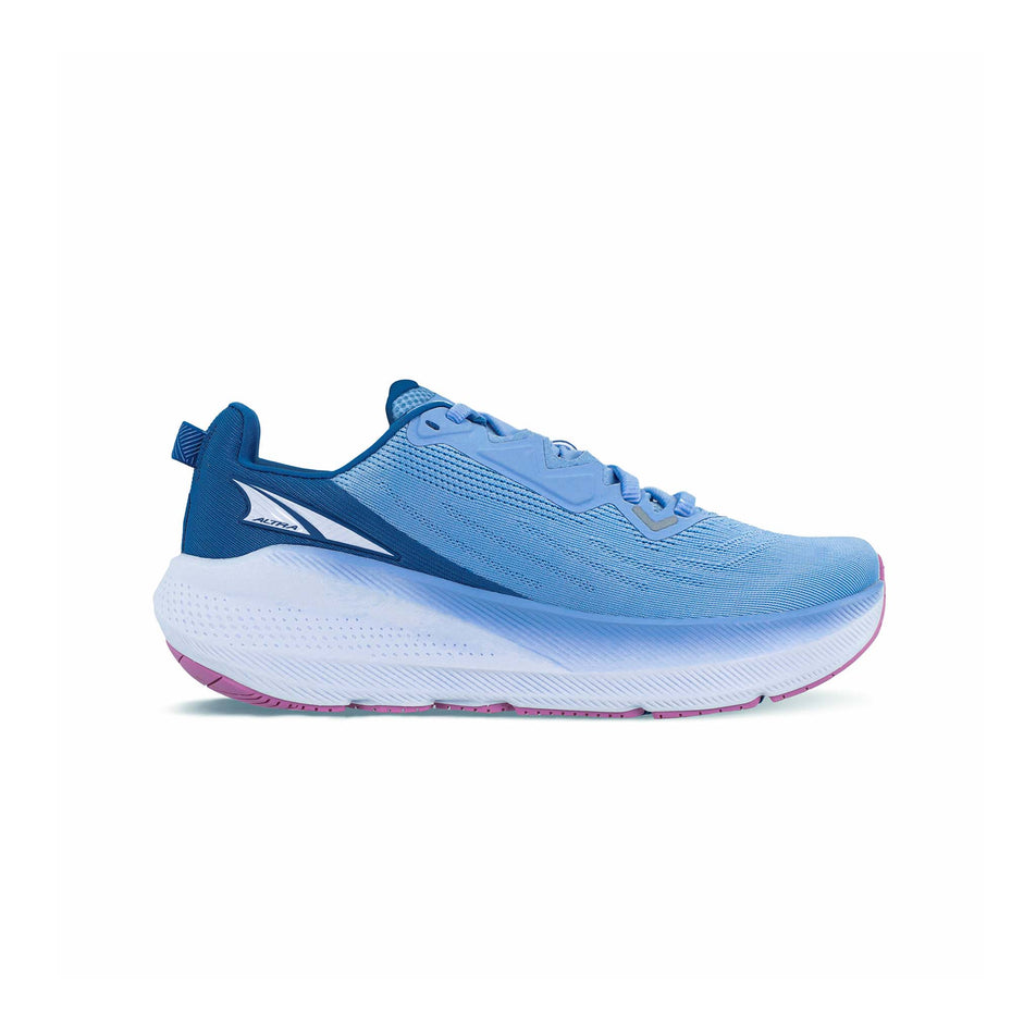 Lateral side of the right shoe from a pair of Altra Women's Fwd Via Road Running Shoes in the Light Blue colourway. (8526884503714)