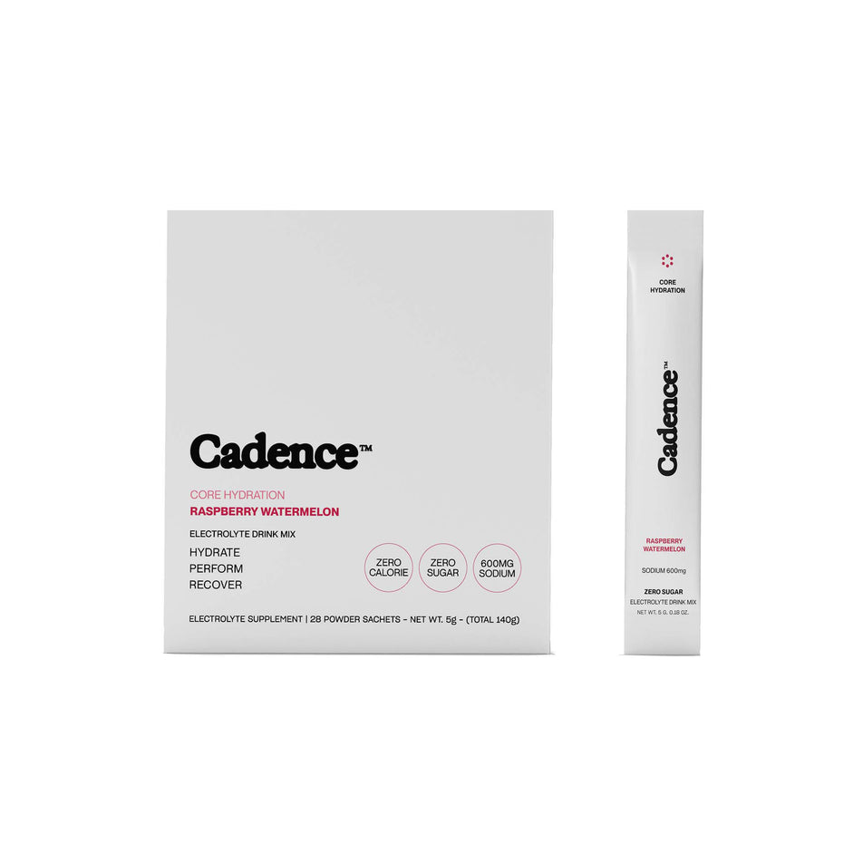 A Cadence Core Hydration Sachet, and a 28 sachet box. Raspberry Watermelon flavour. (8554360635554)