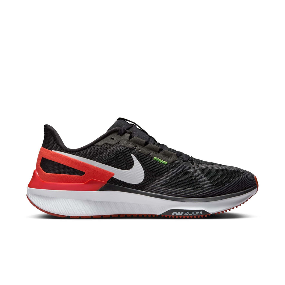 Lateral side of the right shoe from a pair of Nike Men's Structure 25 Road Running Shoes in the Black/White-Picante Red-Anthracite colourway. (8558377435298)