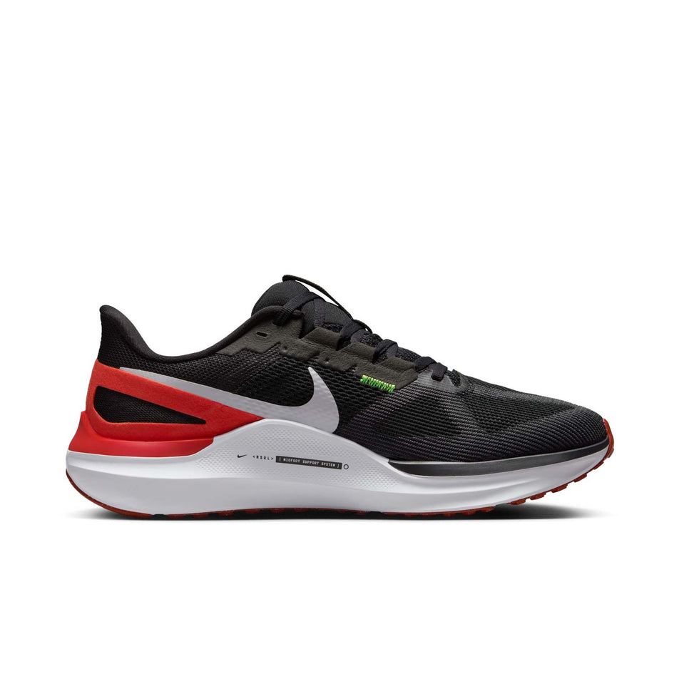 Medial side of the left shoe from a pair of Nike Men's Structure 25 Road Running Shoes in the Black/White-Picante Red-Anthracite colourway. (8558377435298)