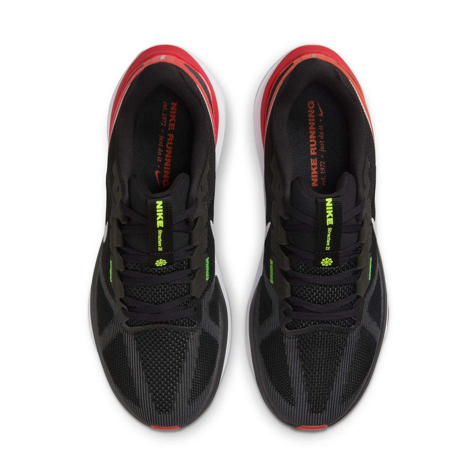 The uppers on a pair of Nike Men's Structure 25 Road Running Shoes in the Black/White-Picante Red-Anthracite colourway. (8558377435298)