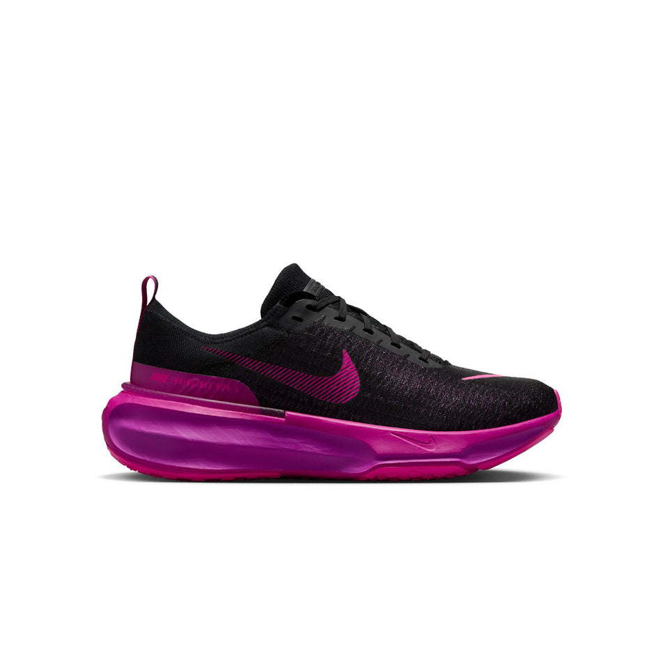 Lateral side of the right shoe from a pair of Nike Men's Invincible 3 Road Running Shoes in the Black/Laser Fuchsia-Vivid Grape colourway. (8502229008546)