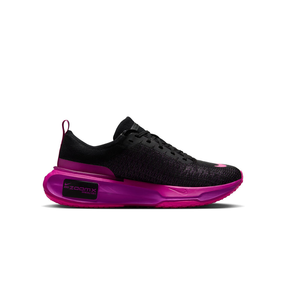 Medial side of the left shoe from a pair of Nike Men's Invincible 3 Road Running Shoes in the Black/Laser Fuchsia-Vivid Grape colourway. (8502229008546)