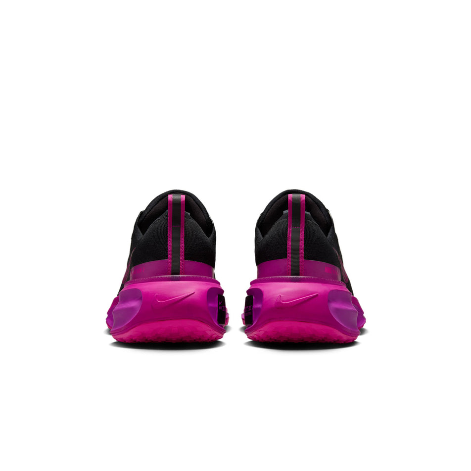 The back of a pair of Nike Men's Invincible 3 Road Running Shoes in the Black/Laser Fuchsia-Vivid Grape colourway. (8502229008546)