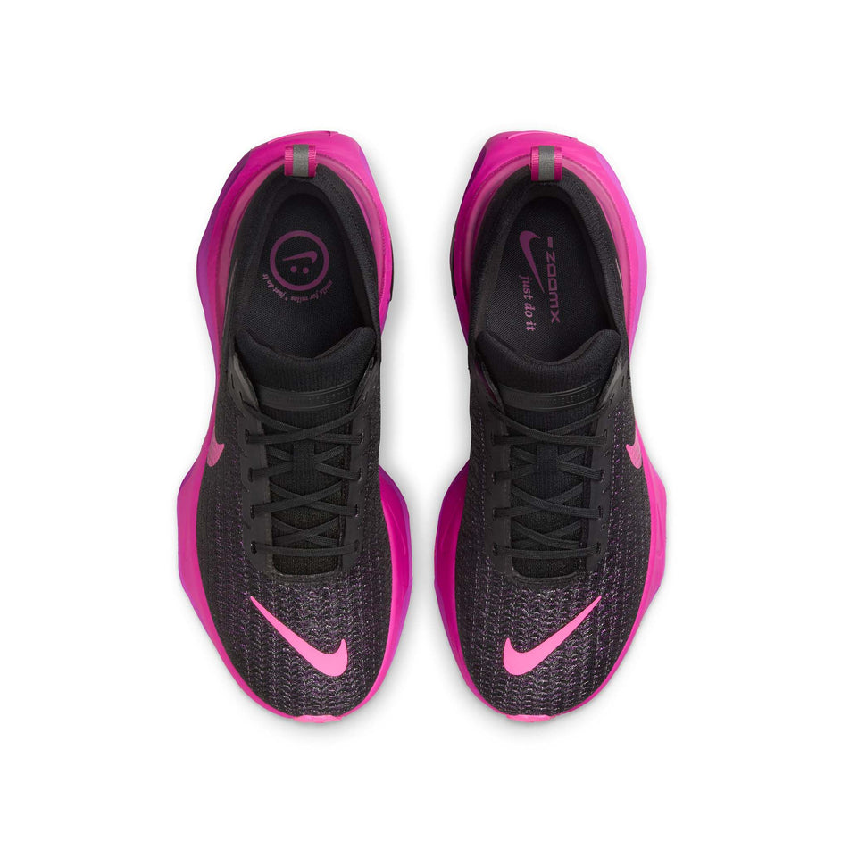 The uppers on a pair of Nike Men's Invincible 3 Road Running Shoes in the Black/Laser Fuchsia-Vivid Grape colourway. (8502229008546)