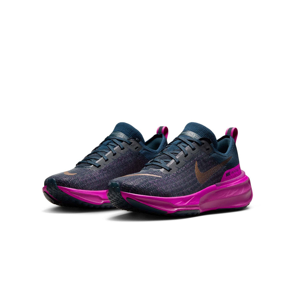 A pair of Nike Women's Invincible 3 Road Running Shoes in the Armory Navy/Mtlc Red Bronzevivid Grape Grey colourway. (8503197335714)