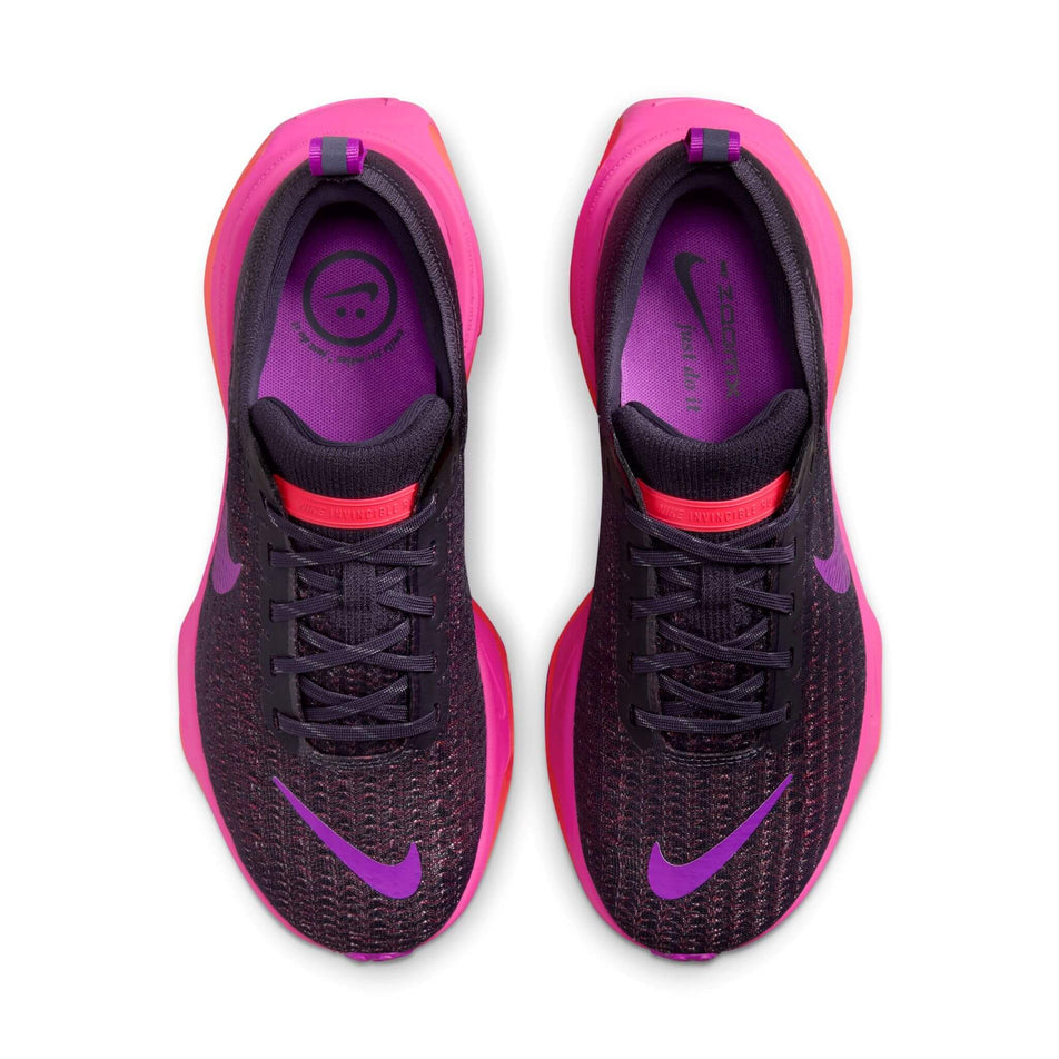 The uppers on a pair of Nike Women's Invincible 3 Road Running Shoes in the Dark Raisin/Hyper Violet-Hot Punch colourway (8399018197154)