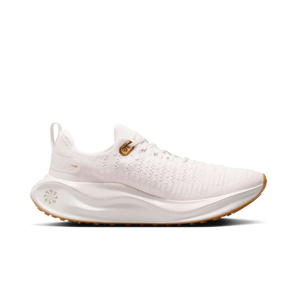 Medial side of the left shoe from a pair of Nike Women's InfinityRN 4 Road Running Shoes in the Phantom/Metallic Gold-White colourway (8449418657954)