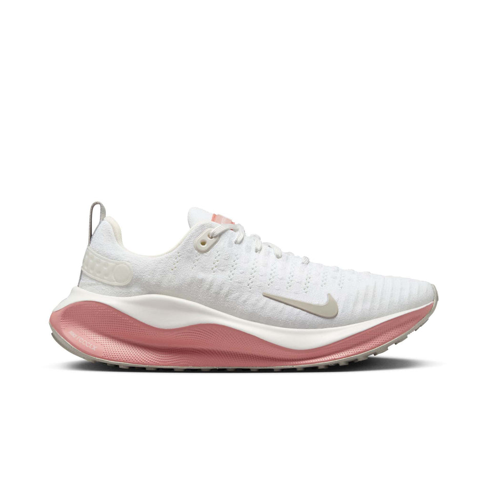 Lateral side of the right shoe from a pair of Nike Women's InfinityRN 4 Road Running Shoes in the White/Lt Iron Ore-Red Stardust colourway (8399022522530)