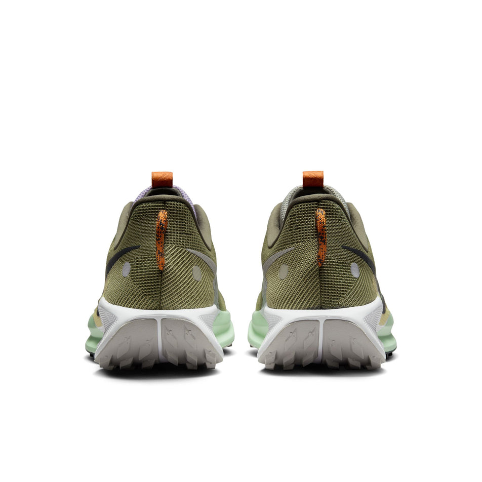 The back of a pair of Nike Men's ReactX Pegasus Trail 5 Trail Running Shoes in the Medium Olive/Anthracite-Neutral Olive colourway (8215799693474)