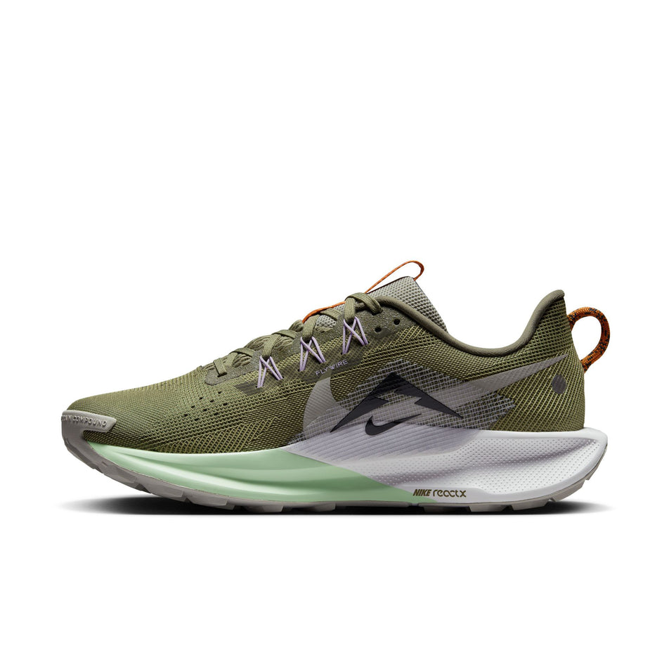 Medial side of the right shoe from a pair of Nike Men's ReactX Pegasus Trail 5 Trail Running Shoes in the Medium Olive/Anthracite-Neutral Olive colourway (8215799693474)