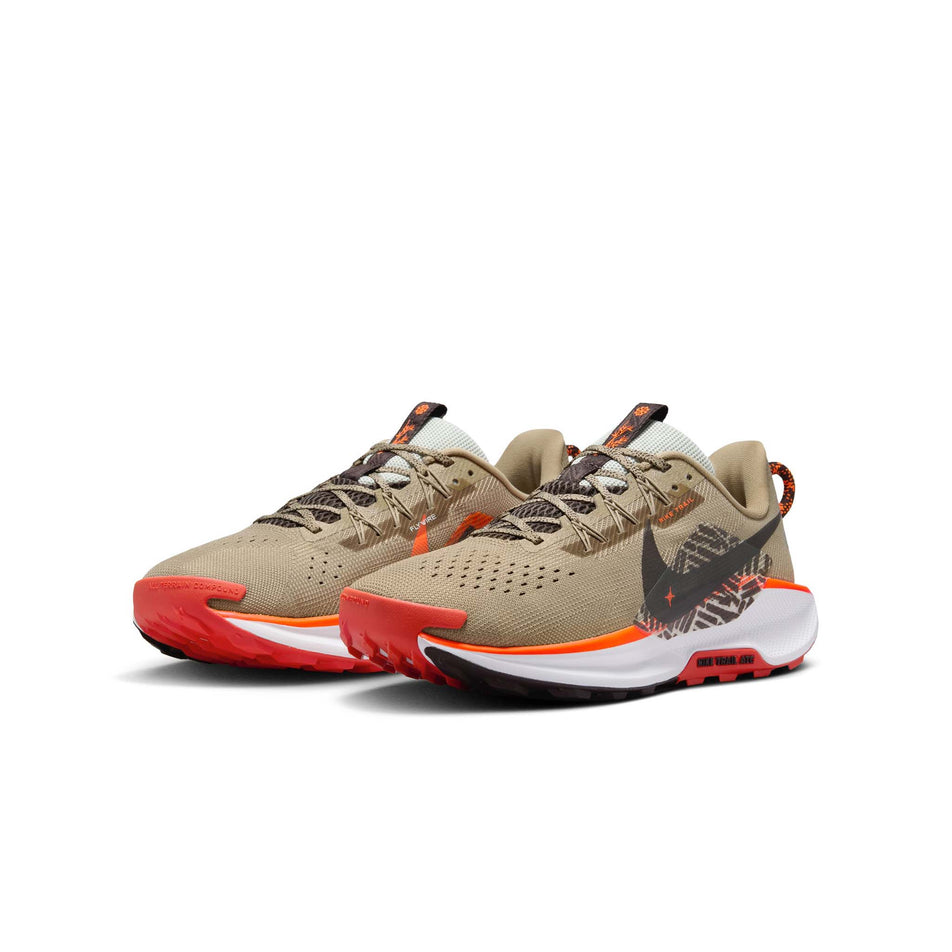 A pair of Nike Men's Pegasus Trail 5 Trail Running Shoes in the Khaki/White-Hyper Crimson-Burgundy Crush colourway.
 (8524546572450)