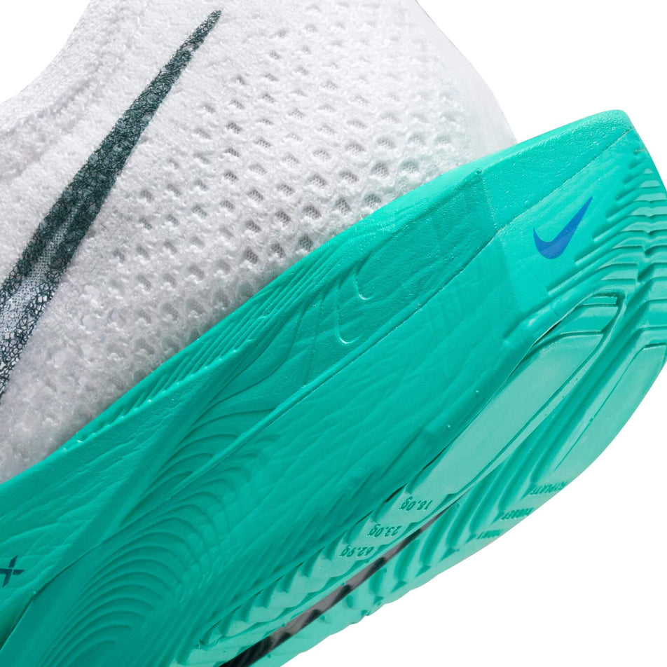 Lateral side of the back of the left shoe from a pair of Nike Men's Vaporfly 3 Road Racing Shoes in the White/Deep Jungle-Jade Ice-Clear Jade colourway (8029386997922)