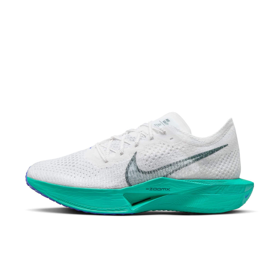 Lateral side of the left shoe from a pair of Nike Men's Vaporfly 3 Road Racing Shoes in the White/Deep Jungle-Jade Ice-Clear Jade colourway (8029386997922)