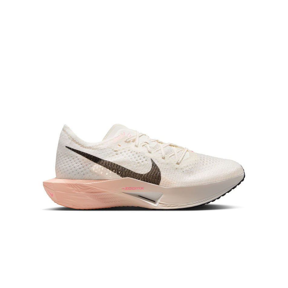 Lateral side of the right shoe from a pair of Nike Women's Vaporfly 3 Road Racing Shoes in the Sail Black-Crimson Tint-Guava Ice colourway. (8503109288098)