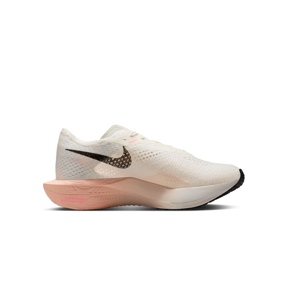 Medial side of the left shoe from a pair of Nike Women's Vaporfly 3 Road Racing Shoes in the Sail Black-Crimson Tint-Guava Ice colourway. (8503109288098)