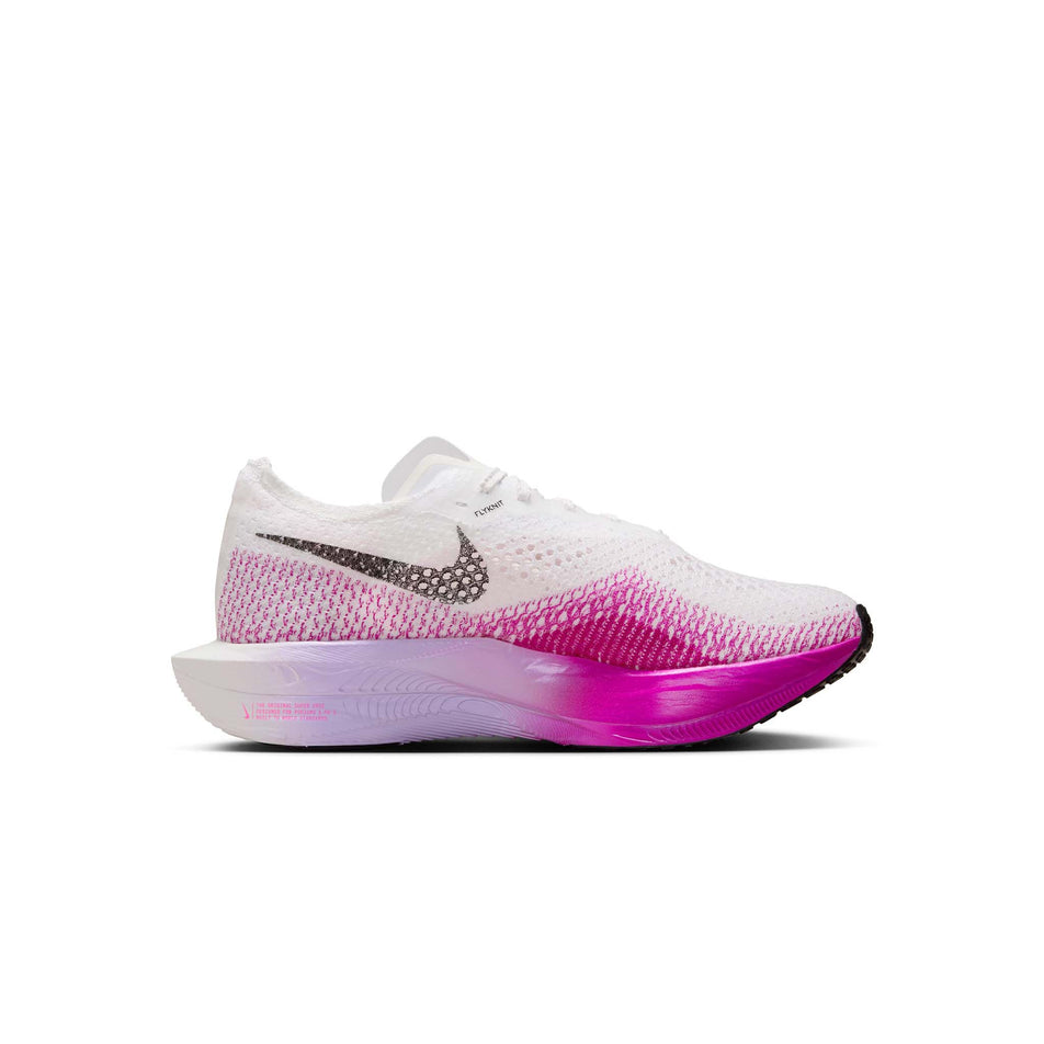 Medial side of the left shoe from a pair of Nike Women's Vaporfly 3 Road Racing Shoes in the White/Black-Vivid Purple-Purple Agate colourway. (8472179933346)