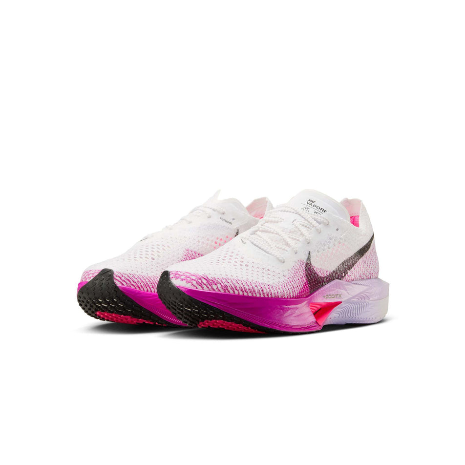 A pair of Nike Women's Vaporfly 3 Road Racing Shoes in the White/Black-Vivid Purple-Purple Agate colourway. (8472179933346)