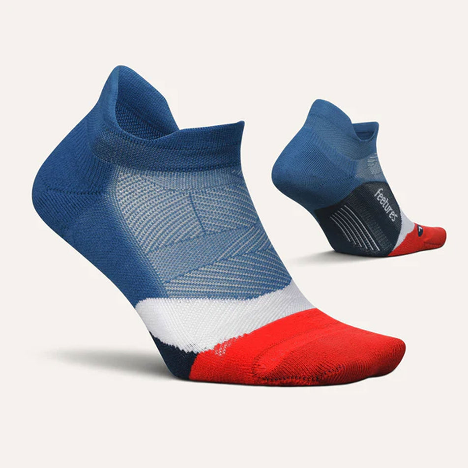 A pair of Feetures Unisex Elite Light Cushion No Show Tab running socks in the Atmospheric Blue colourway (8149374075042)