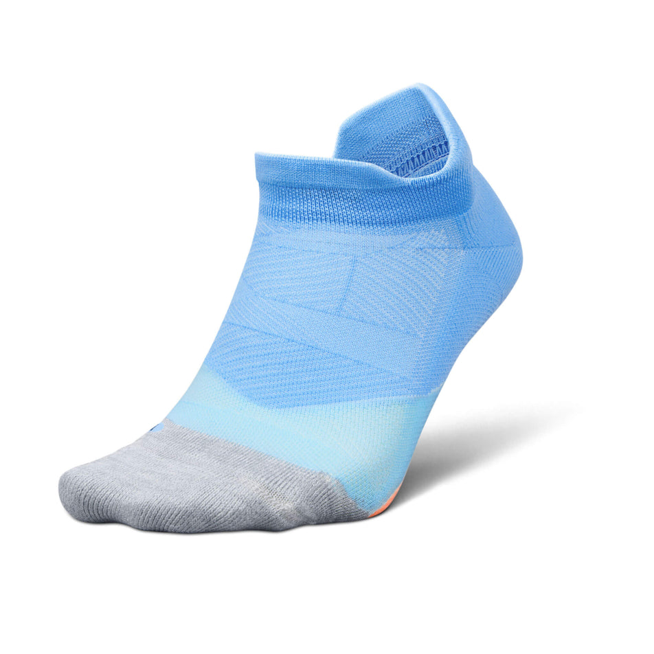 Lateral side of the left sock from a pair of Feetures Unisex Elite Light Cushion No Show Tab Running Socks in the Blue Burst colourway (8453704220834)