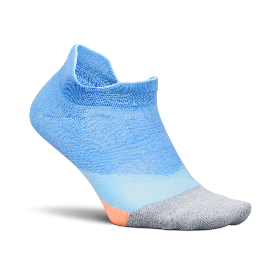 Lateral side of the right sock from a pair of Feetures Unisex Elite Light Cushion No Show Tab Running Socks in the Blue Burst colourway (8453704220834)