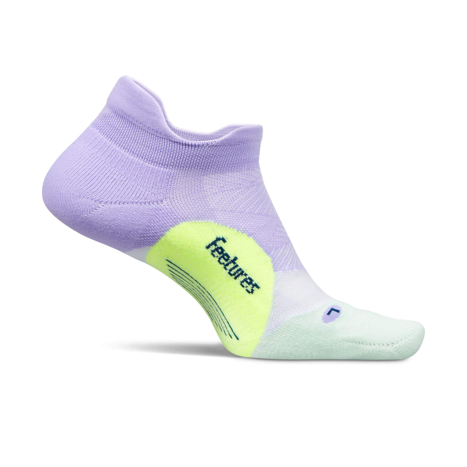 Medial side of the left sock from a pair of Feetures Unisex Elite Light Cushion No Show Tab Running Socks in the Lavender Rush colourway (8453692489890)