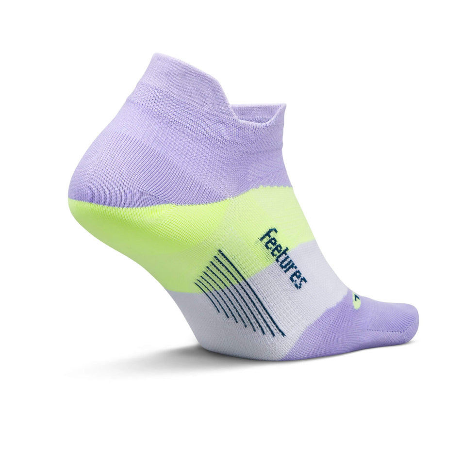 Medial side of the left sock from a pair of Feetures Unisex Elite Ultra Light No Show Tab Running Socks in the Lavender Rush colourway (8453685837986)