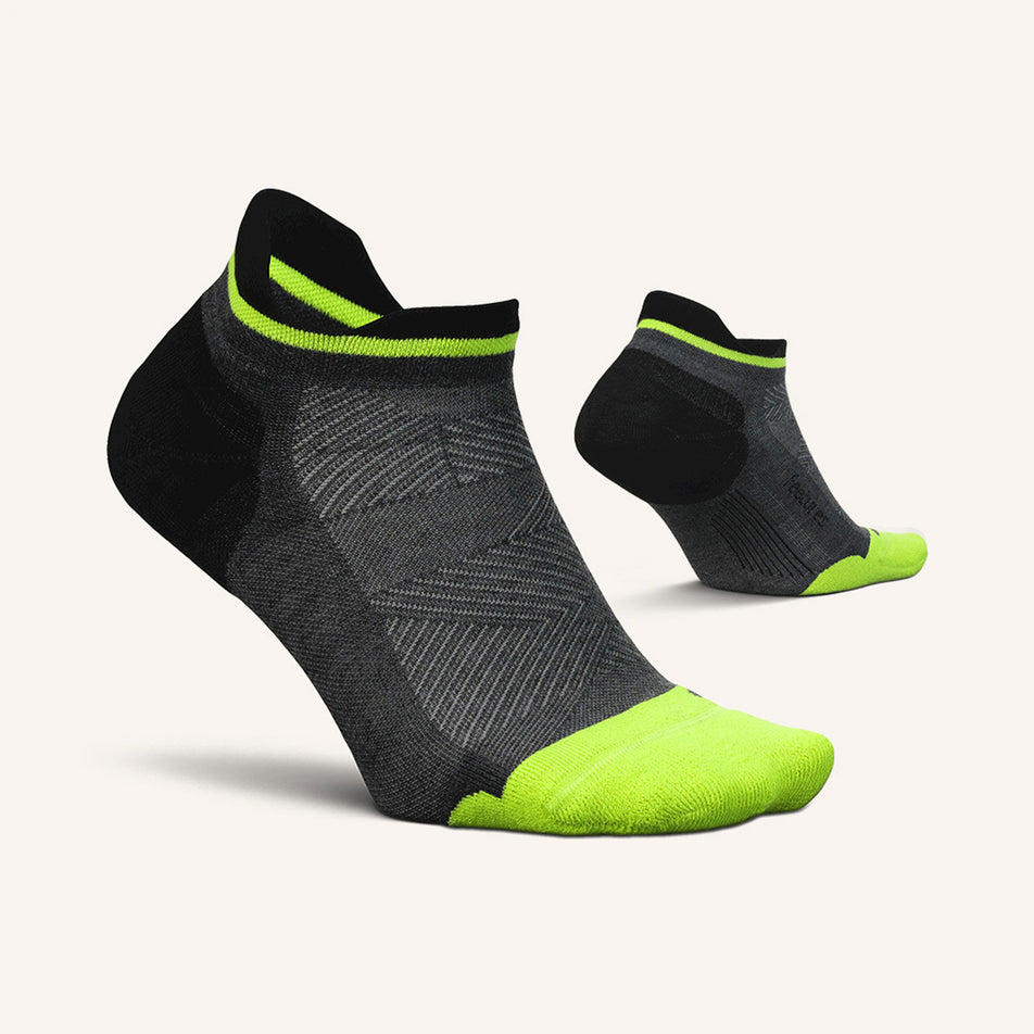 A pair of Feetures Unisex Elite Max Cushion No Show Tab running socks in the Midnight Neon colourway (8149386100898)