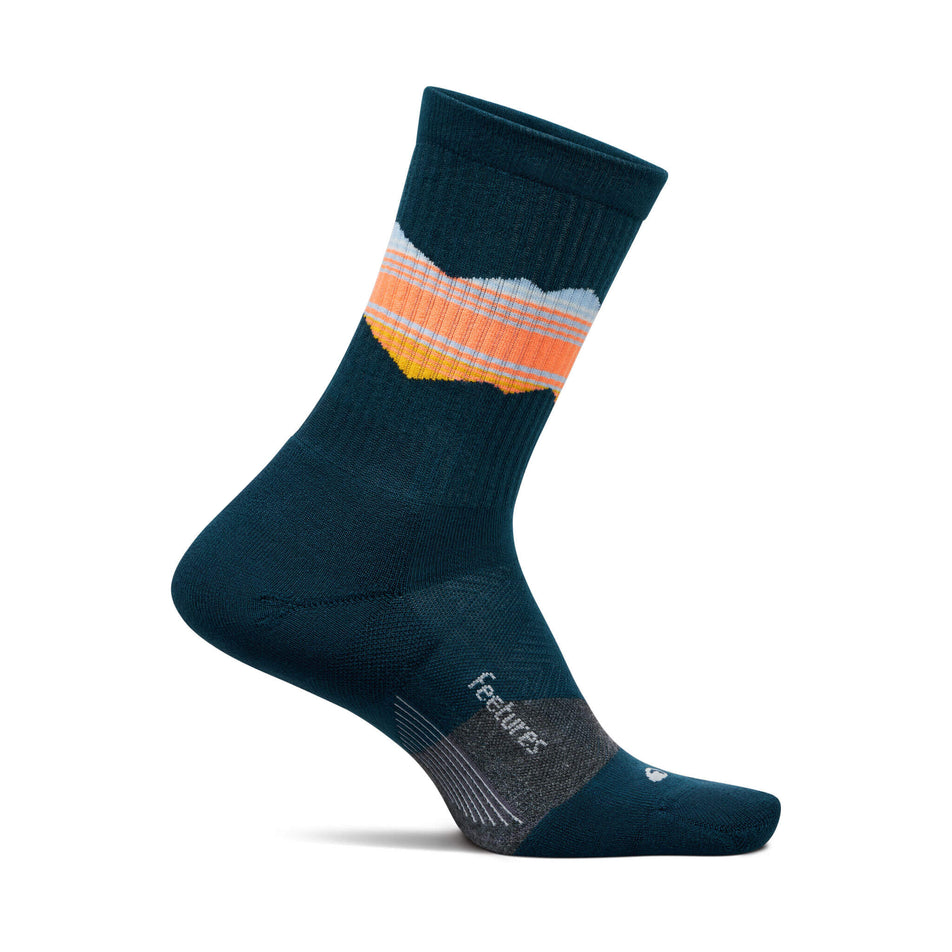 Medial side of the left sock from a pair of Feetures Unisex Trail Max Cushion Mini Crew Running Socks in the Blue Ridge Navy colourway (8453709332642)