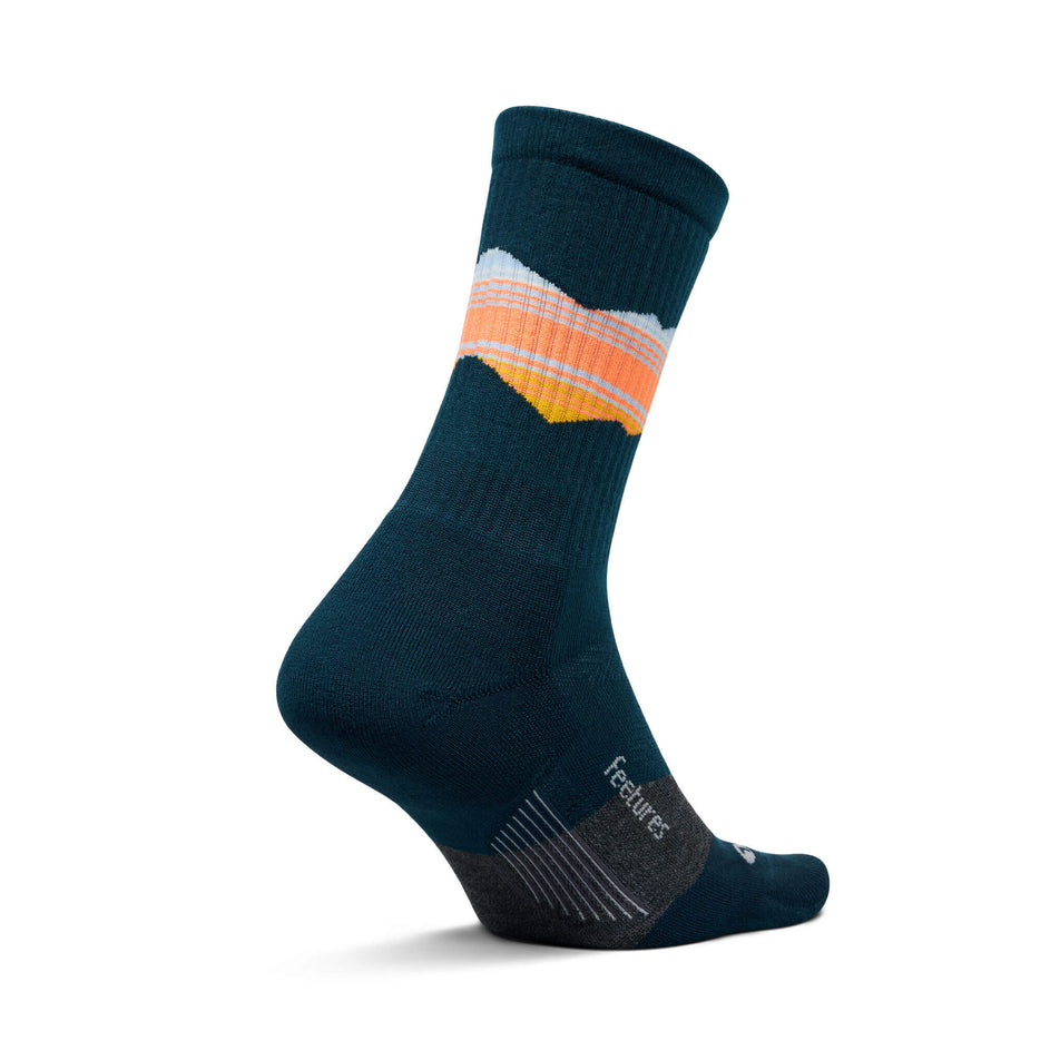 Medial side of the left sock from a pair of Feetures Unisex Trail Max Cushion Mini Crew Running Socks in the Blue Ridge Navy colourway (8453709332642)