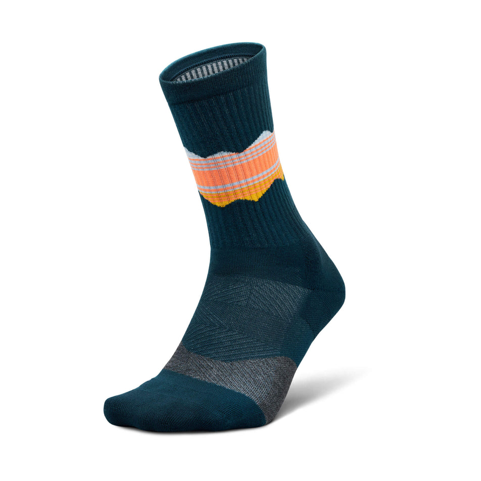 Lateral side of the left sock from a pair of Feetures Unisex Trail Max Cushion Mini Crew Running Socks in the Blue Ridge Navy colourway (8453709332642)