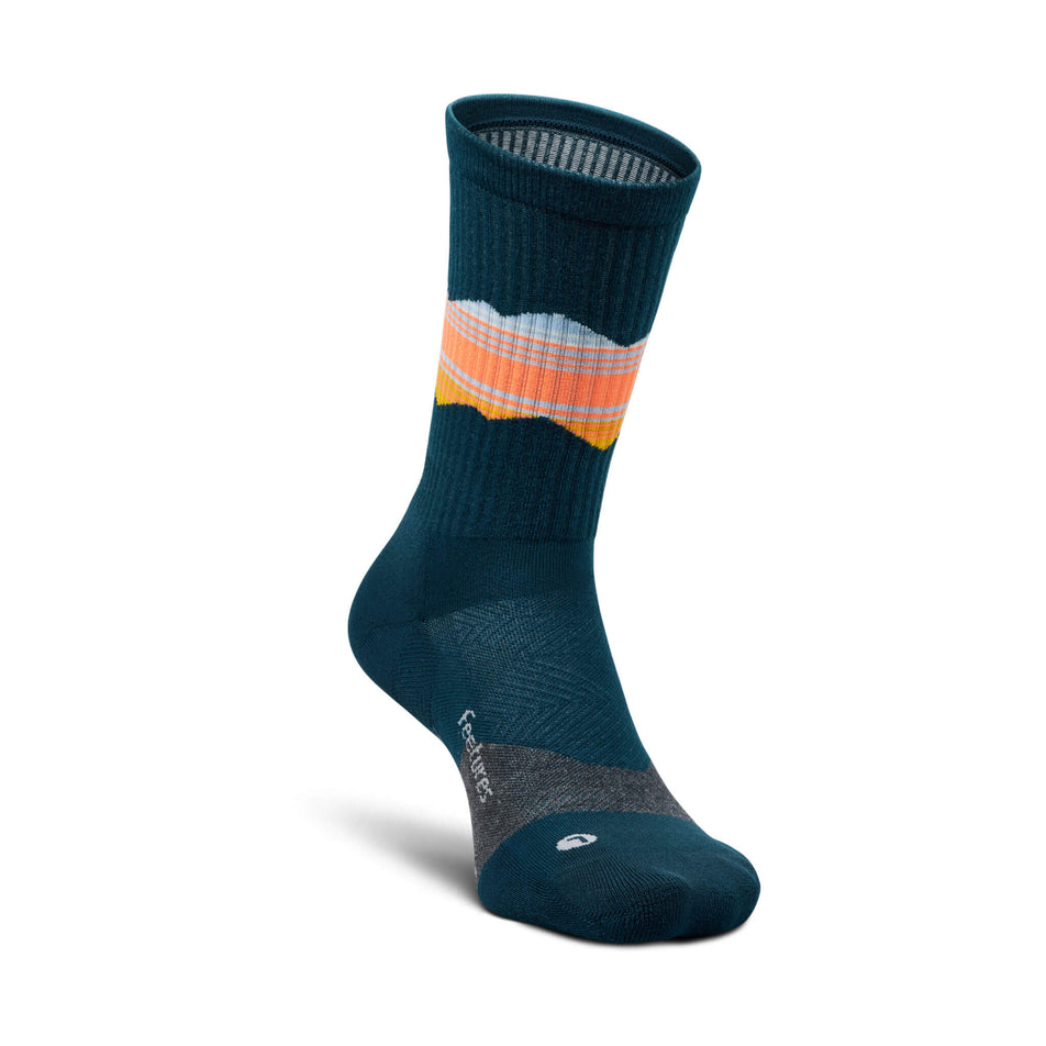 Medial side of the left sock from a pair of Feetures Unisex Trail Max Cushion Mini Crew Running Socks in the Blue Ridge Navy colourway (8453709332642)