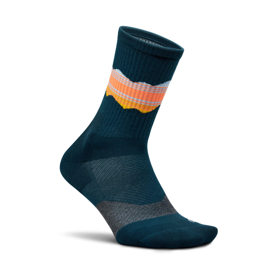 Lateral side of the right sock from a pair of Feetures Unisex Trail Max Cushion Mini Crew Running Socks in the Blue Ridge Navy colourway (8453709332642)