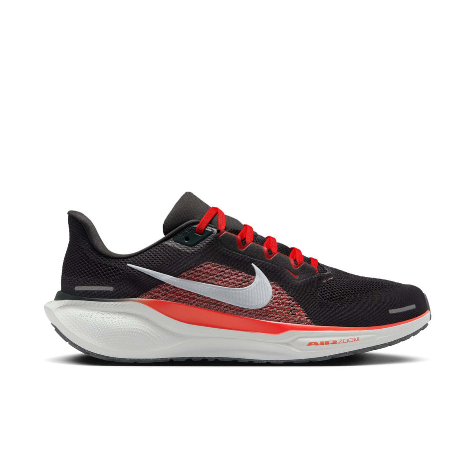 Lateral side of the right shoe from a pair of Nike Men's Pegasus 41 Road Running Shoes in the Dark Smoke Grey/Pure Platinum-Light Crimson colourway. (8558327496866)