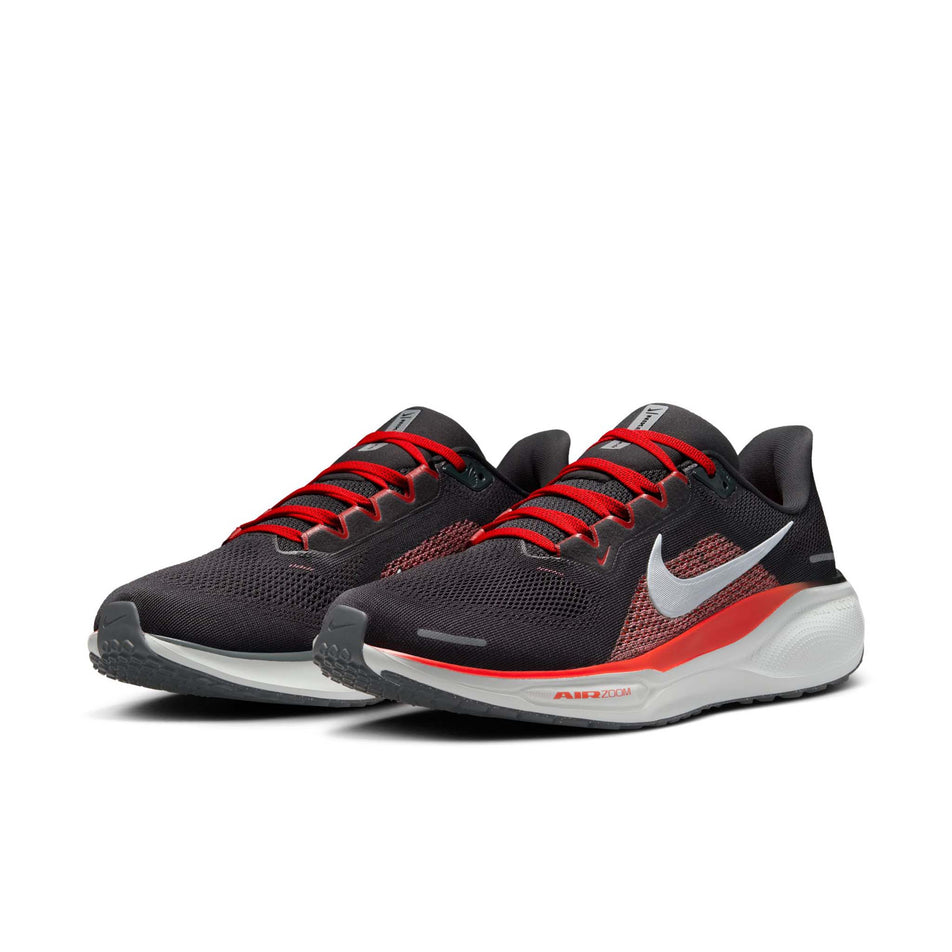 A pair of Nike Men's Pegasus 41 Road Running Shoes in the Dark Smoke Grey/Pure Platinum-Light Crimson colourway. (8558327496866)