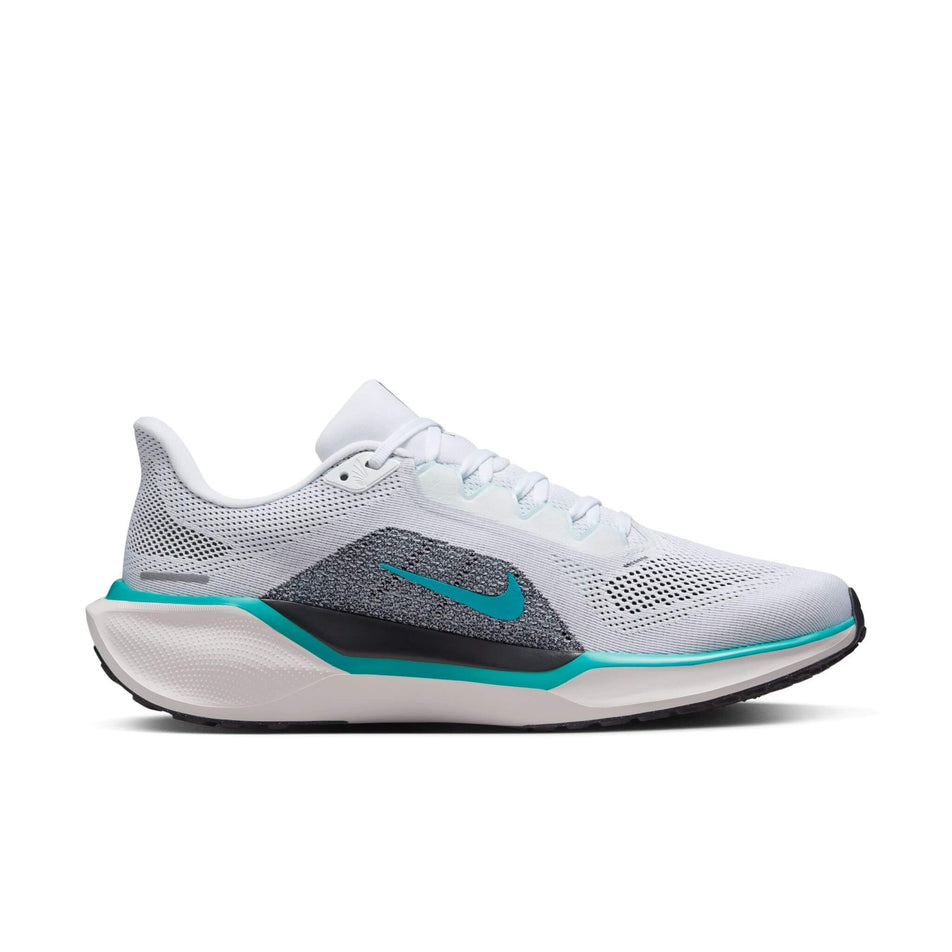 Medial side of the left shoe from a pair of Nike Men's Pegasus 41 Road Running Shoes in the White/Black-Dusty Cactus-Glacier Blue colourway (8357790384290)