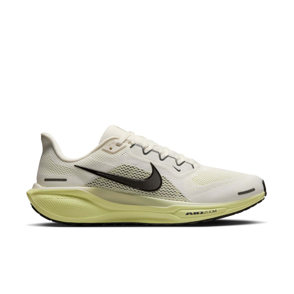 Lateral side of the right shoe from a pair of Nike Men's Pegasus 41 Road Running Shoes in the Pale Ivory/Sequoia-Lime Light-Olive Aura colourway. (8558336770210)