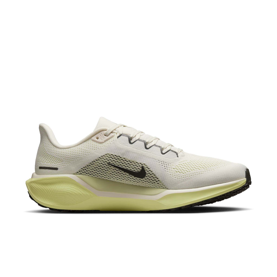 Medial side of the left shoe from a pair of Nike Men's Pegasus 41 Road Running Shoes in the Pale Ivory/Sequoia-Lime Light-Olive Aura colourway. (8558336770210)