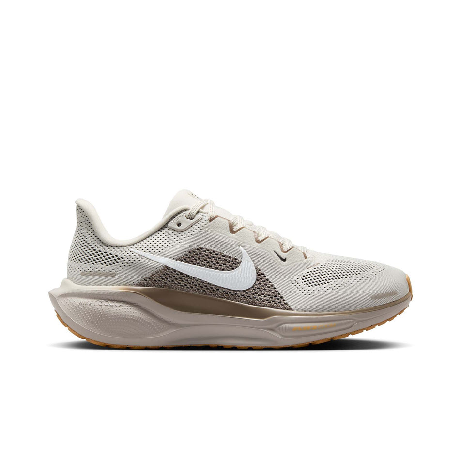 Lateral side of the right shoe from a pair of Nike Women's Pegasus 41 Road Running Shoes in the Phantom/White-Mink Brown-Copper Moon colourway. (8558423376034)