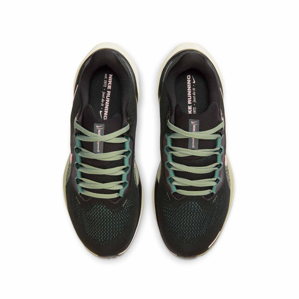 The uppers on a pair of Nike Women's Pegasus 41 Road Running Shoes in the Black/Pink Foam -Jade Horizon-Bicoastal colourway. (8503206772898)