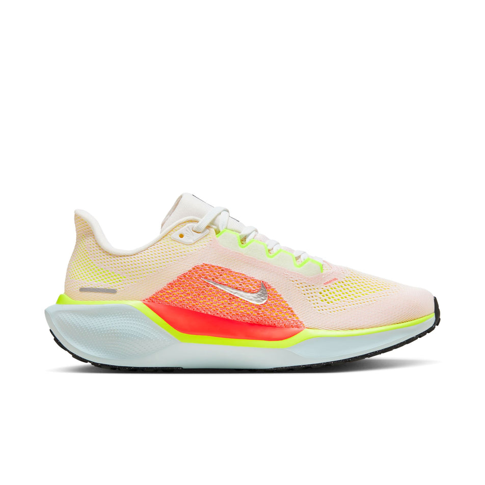 Medial side of the right shoe from a pair of Nike Women's Pegasus 41 Road Running Shoes in the Summit White/Chrome-Bright Crimson colourway (8357791662242)