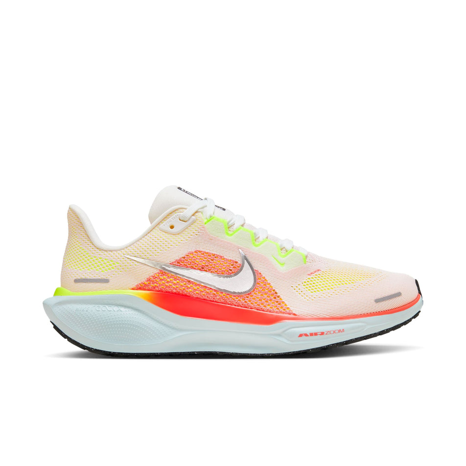 Lateral side of the right shoe from a pair of Nike Women's Pegasus 41 Road Running Shoes in the Summit White/Chrome-Bright Crimson colourway (8357791662242)