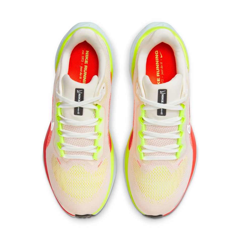 The uppers on a pair of Nike Women's Pegasus 41 Road Running Shoes in the Summit White/Chrome-Bright Crimson colourway (8357791662242)