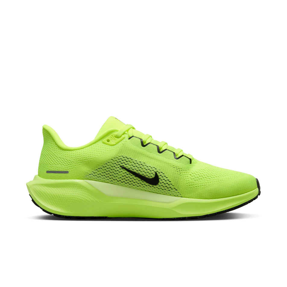 Medial side of the left shoe from a pair of Nike Women's Pegasus 41 Road Running Shoes in the Volt/Black-Barely Volt colourway (8357789302946)