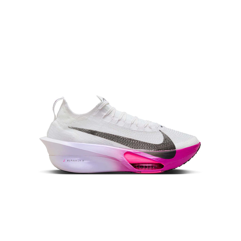 Lateral side of the right shoe from a pair of Nike Men's Alphafly 3 Road Racing Shoes in the White/Black-Purple Agate-Vivid Grape colourway. (8472168497314)